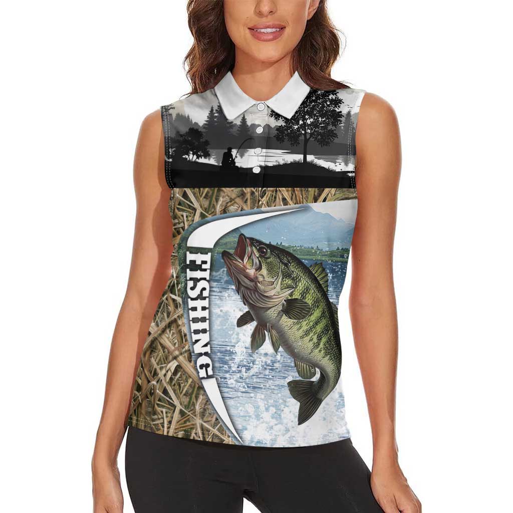 Personalized Largemouth Bass Fishing Women Sleeveless Polo Shirt with Camo Reeds - Outdoor Angler Design - Wonder Print Shop