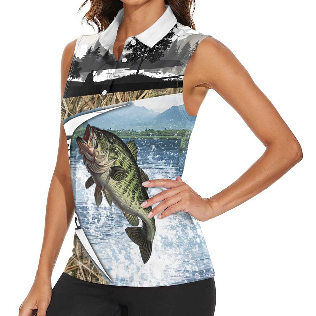 Personalized Largemouth Bass Fishing Women Sleeveless Polo Shirt with Camo Reeds - Outdoor Angler Design - Wonder Print Shop