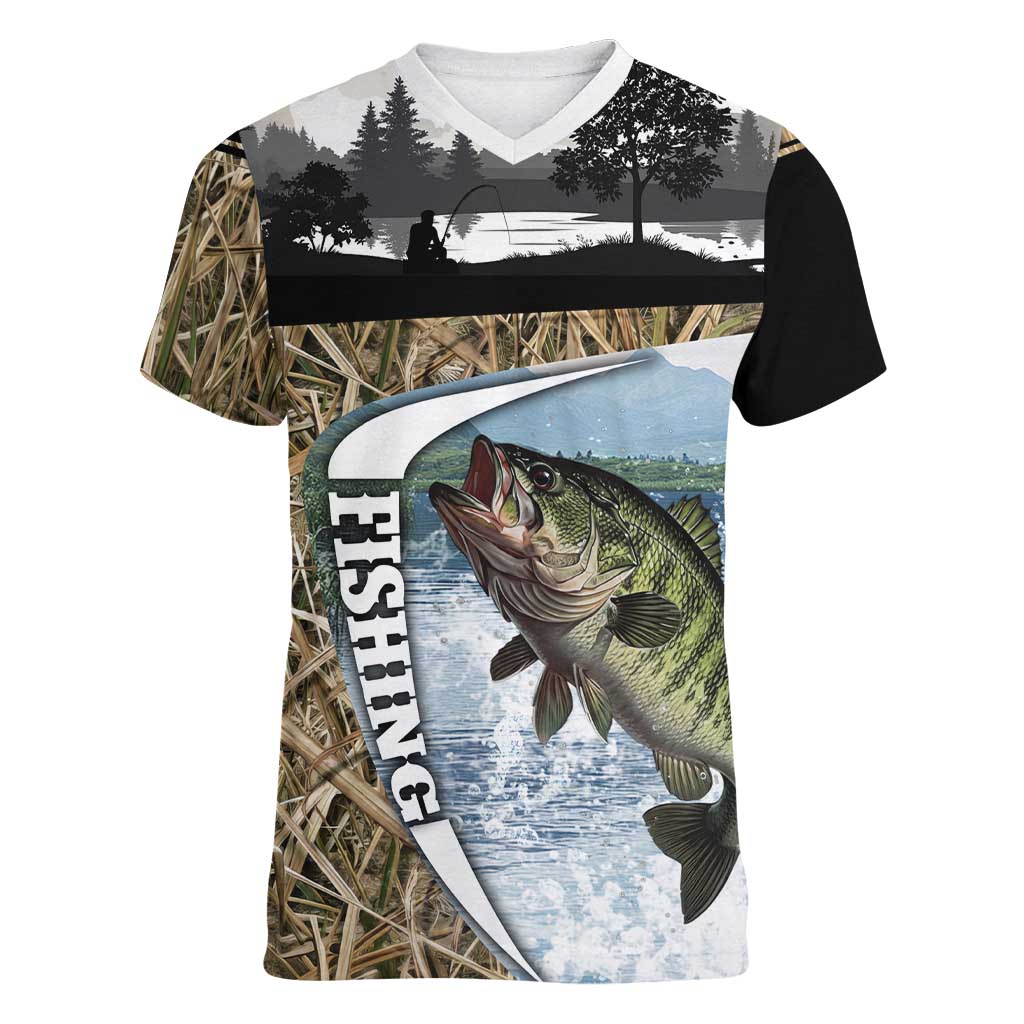 Personalized Largemouth Bass Fishing Women V-Neck T-Shirt with Camo Reeds - Outdoor Angler Design - Wonder Print Shop