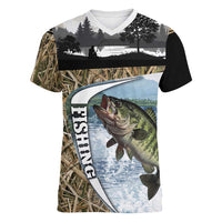 Personalized Largemouth Bass Fishing Women V-Neck T-Shirt with Camo Reeds - Outdoor Angler Design - Wonder Print Shop