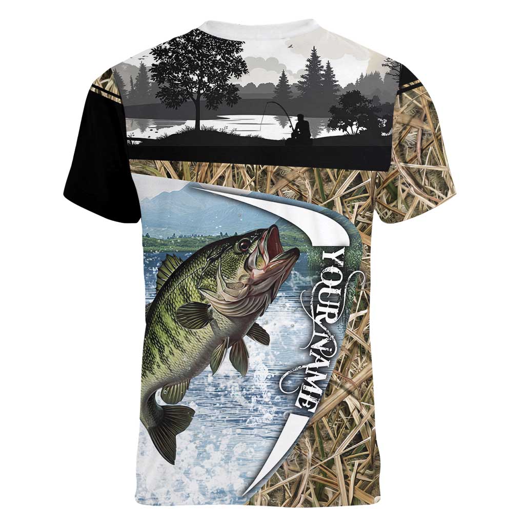 Personalized Largemouth Bass Fishing Women V-Neck T-Shirt with Camo Reeds - Outdoor Angler Design - Wonder Print Shop