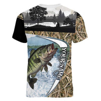 Personalized Largemouth Bass Fishing Women V-Neck T-Shirt with Camo Reeds - Outdoor Angler Design - Wonder Print Shop