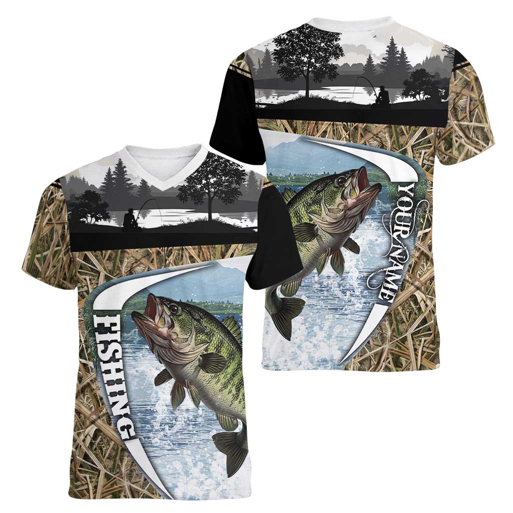 Personalized Largemouth Bass Fishing Women V-Neck T-Shirt with Camo Reeds - Outdoor Angler Design - Wonder Print Shop