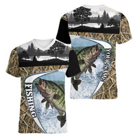 Personalized Largemouth Bass Fishing Women V-Neck T-Shirt with Camo Reeds - Outdoor Angler Design - Wonder Print Shop