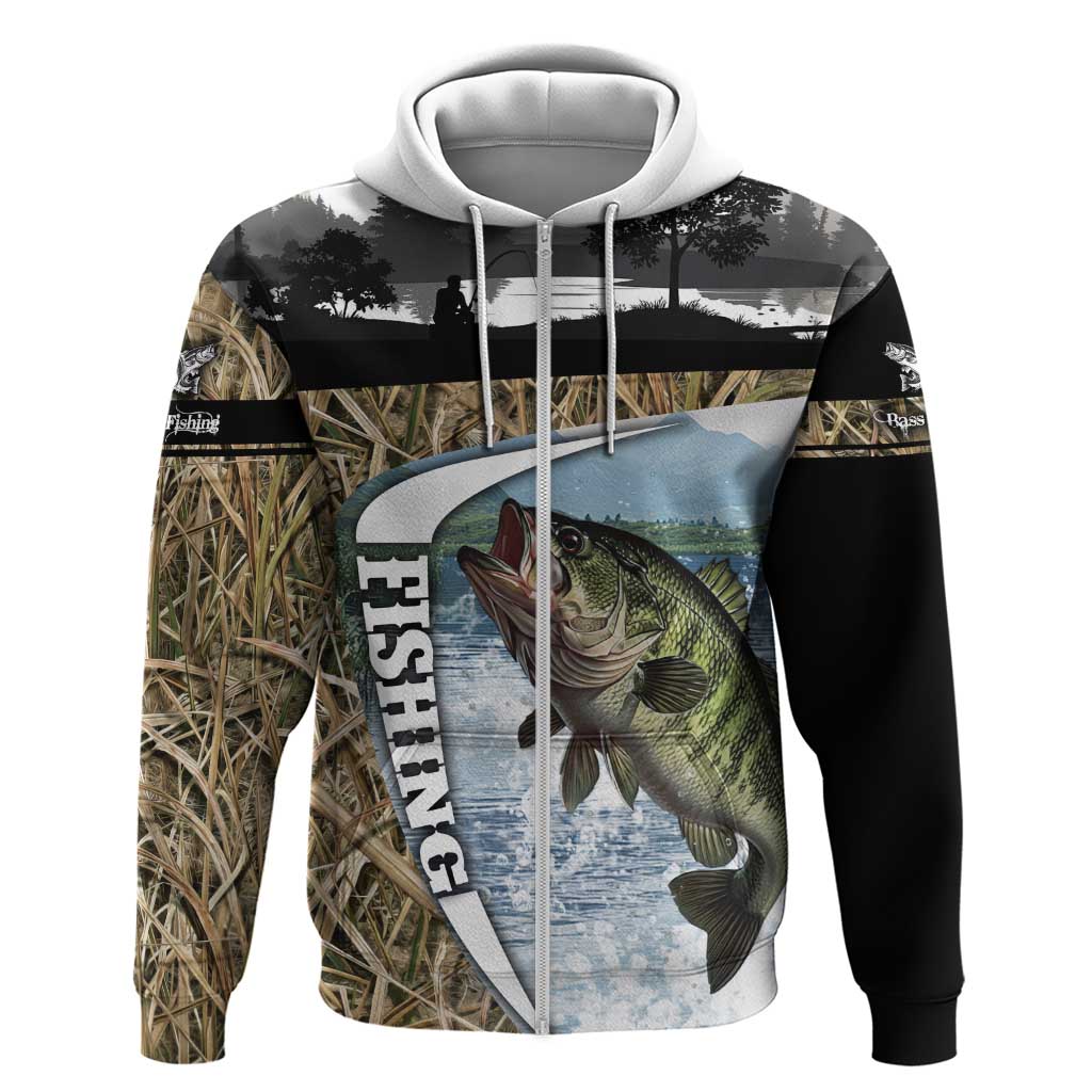 Personalized Largemouth Bass Fishing Zip Hoodie with Camo Reeds - Outdoor Angler Design - Wonder Print Shop