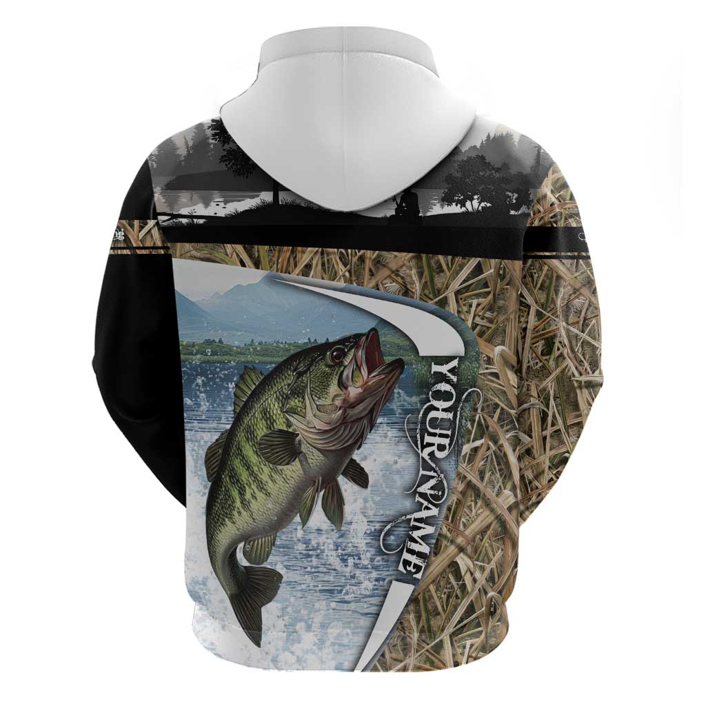 Personalized Largemouth Bass Fishing Zip Hoodie with Camo Reeds - Outdoor Angler Design - Wonder Print Shop