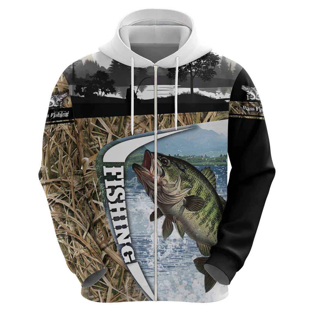 Personalized Largemouth Bass Fishing Zip Hoodie with Camo Reeds - Outdoor Angler Design - Wonder Print Shop