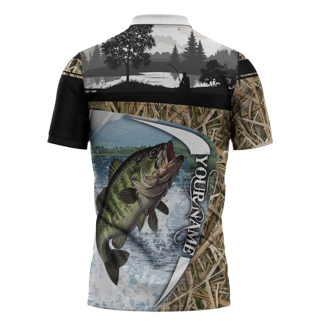 Personalized Largemouth Bass Fishing Zipper Polo Shirt with Camo Reeds - Outdoor Angler Design - Wonder Print Shop