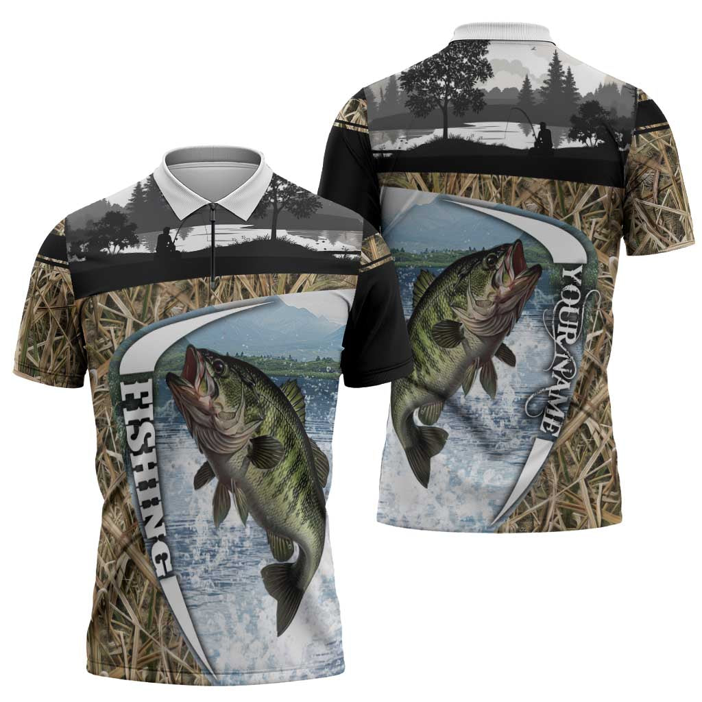 Personalized Largemouth Bass Fishing Zipper Polo Shirt with Camo Reeds - Outdoor Angler Design - Wonder Print Shop