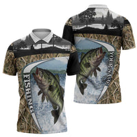 Personalized Largemouth Bass Fishing Zipper Polo Shirt with Camo Reeds - Outdoor Angler Design - Wonder Print Shop
