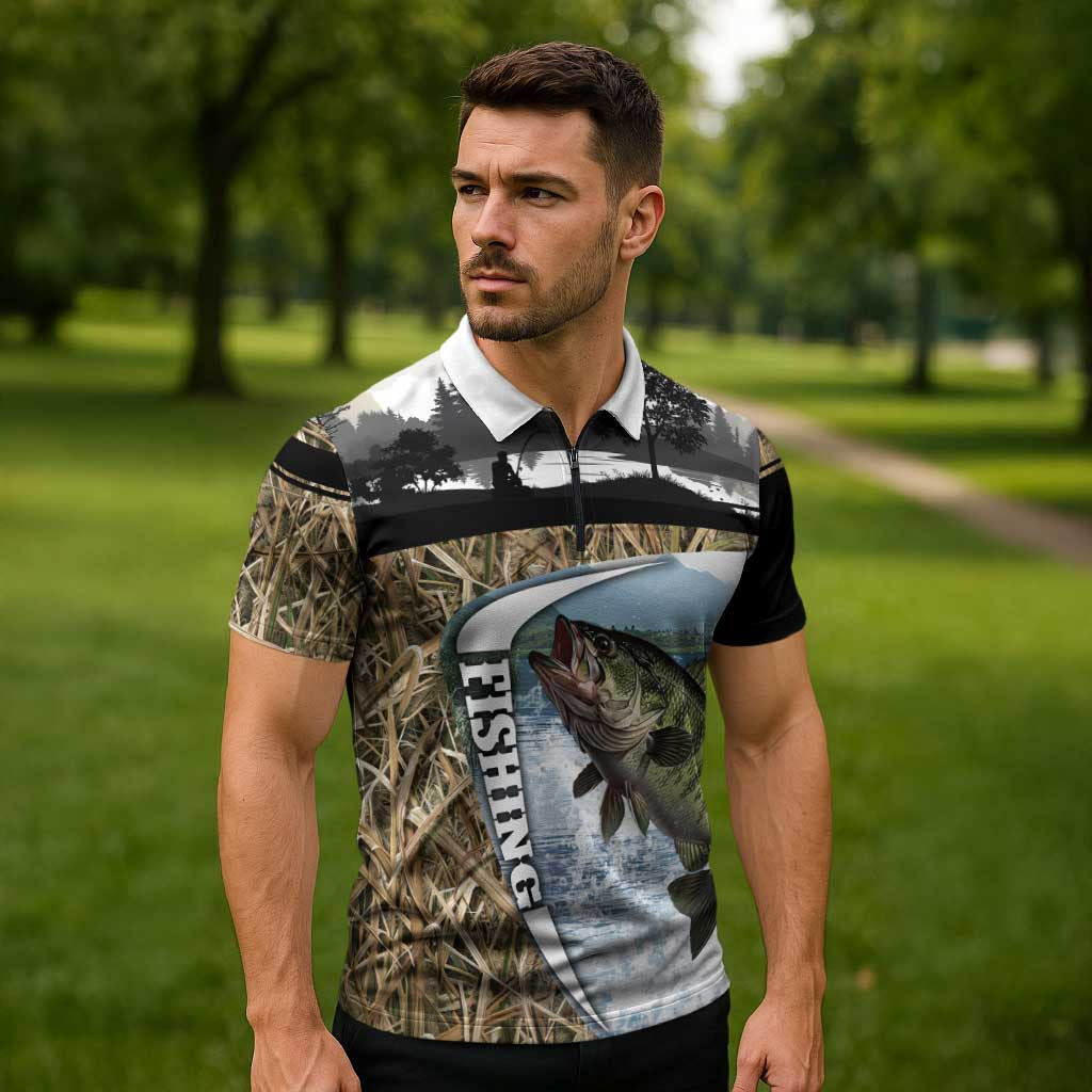 Personalized Largemouth Bass Fishing Zipper Polo Shirt with Camo Reeds - Outdoor Angler Design - Wonder Print Shop