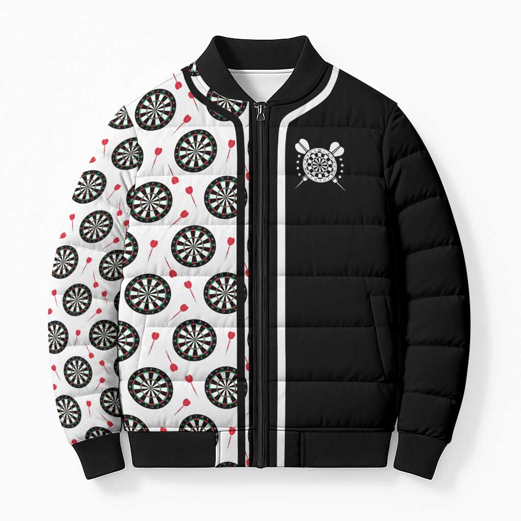 Personalized Black and White Dartboard Bomber Puffer Jacket Bullseye Target Design for Dart Players - Wonder Print Shop