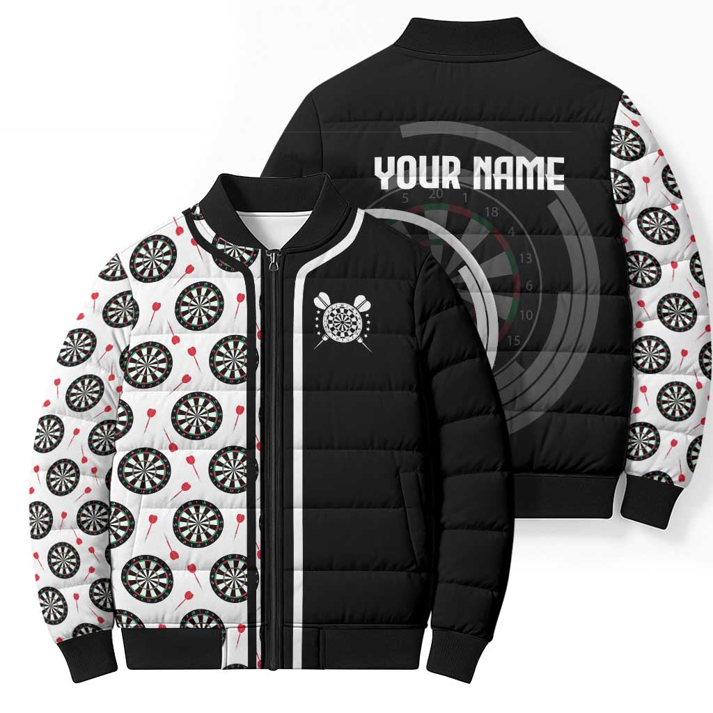 Personalized Black and White Dartboard Bomber Puffer Jacket Bullseye Target Design for Dart Players - Wonder Print Shop