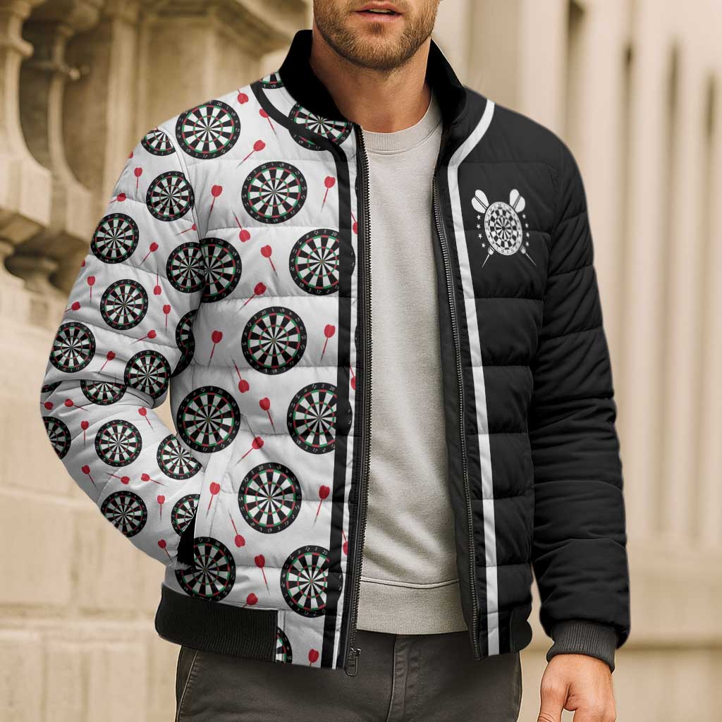 Personalized Black and White Dartboard Bomber Puffer Jacket Bullseye Target Design for Dart Players - Wonder Print Shop
