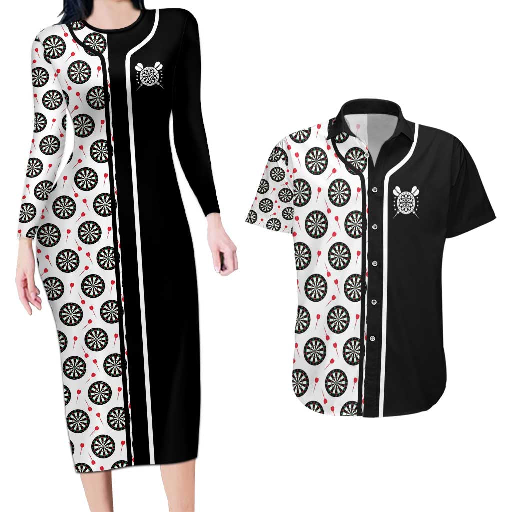 Personalized Black and White Dartboard Couples Matching Long Sleeve Bodycon Dress and Hawaiian Shirt Bullseye Target Design for Dart Players - Wonder Print Shop