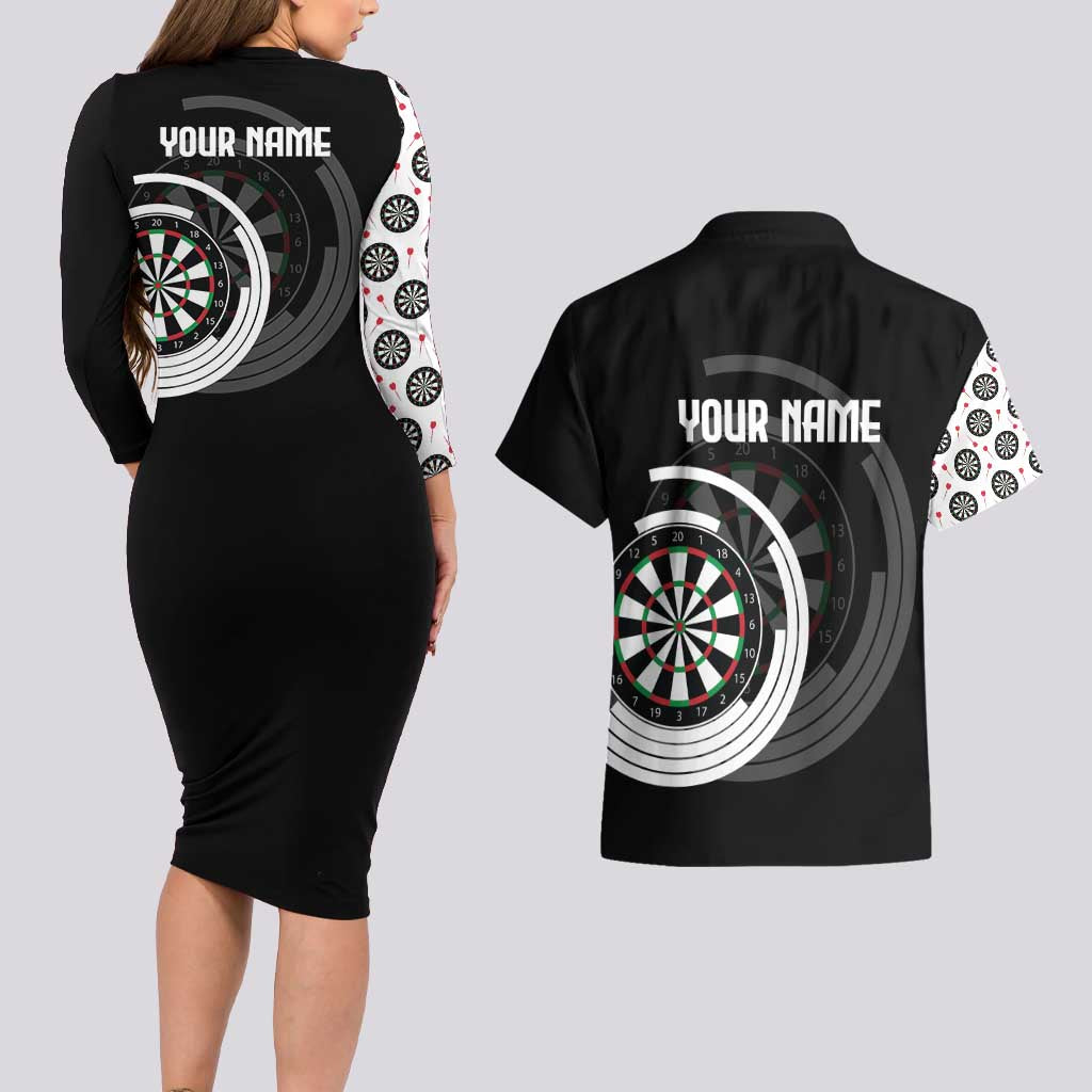 Personalized Black and White Dartboard Couples Matching Long Sleeve Bodycon Dress and Hawaiian Shirt Bullseye Target Design for Dart Players - Wonder Print Shop