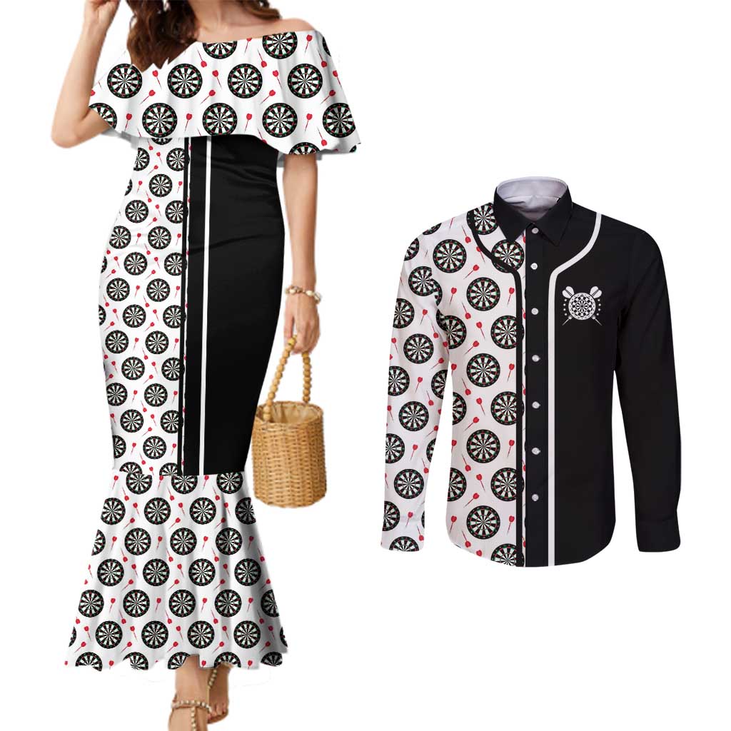 Personalized Black and White Dartboard Couples Matching Mermaid Dress and Long Sleeve Button Shirt Bullseye Target Design for Dart Players - Wonder Print Shop