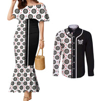 Personalized Black and White Dartboard Couples Matching Mermaid Dress and Long Sleeve Button Shirt Bullseye Target Design for Dart Players - Wonder Print Shop