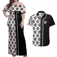 Personalized Black and White Dartboard Couples Matching Off Shoulder Maxi Dress and Hawaiian Shirt Bullseye Target Design for Dart Players - Wonder Print Shop