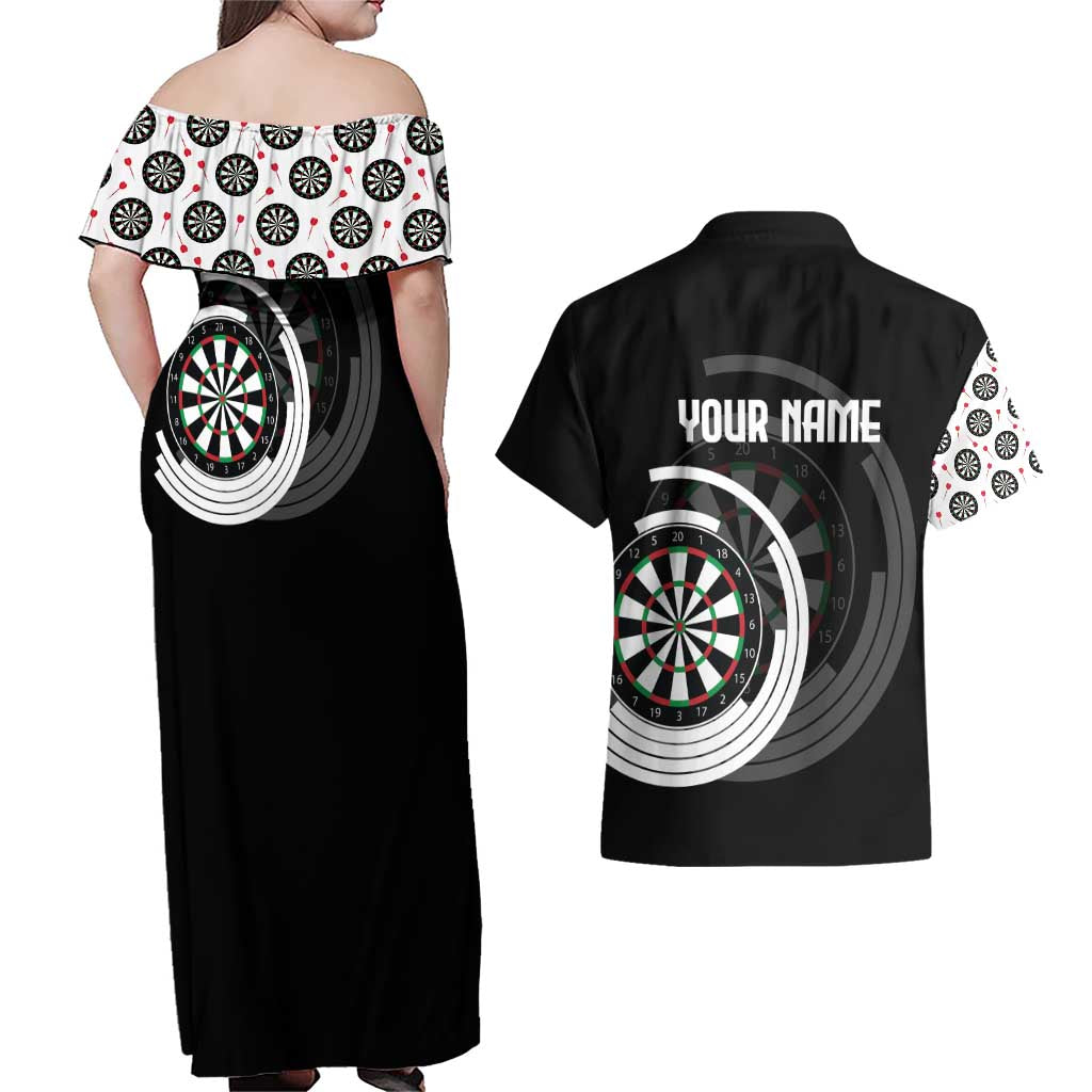 Personalized Black and White Dartboard Couples Matching Off Shoulder Maxi Dress and Hawaiian Shirt Bullseye Target Design for Dart Players - Wonder Print Shop