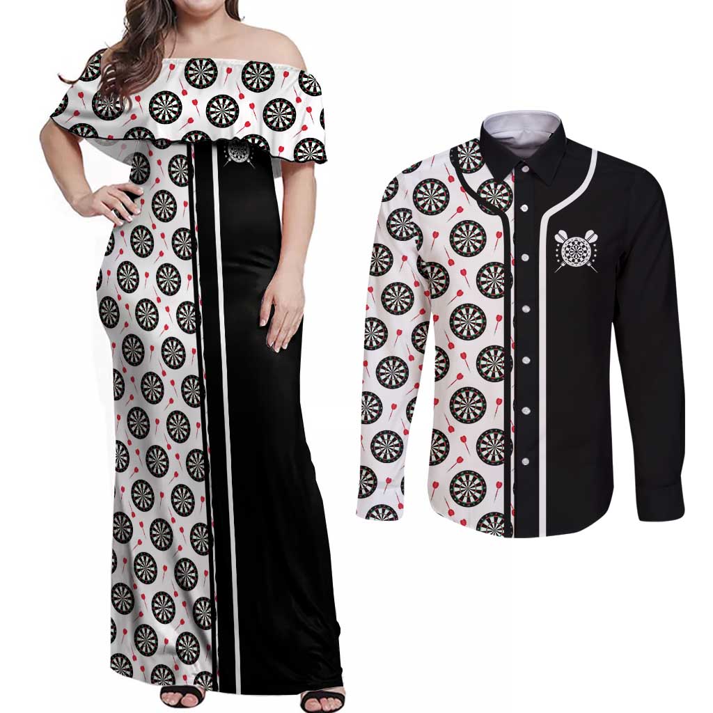 Personalized Black and White Dartboard Couples Matching Off Shoulder Maxi Dress and Long Sleeve Button Shirt Bullseye Target Design for Dart Players - Wonder Print Shop