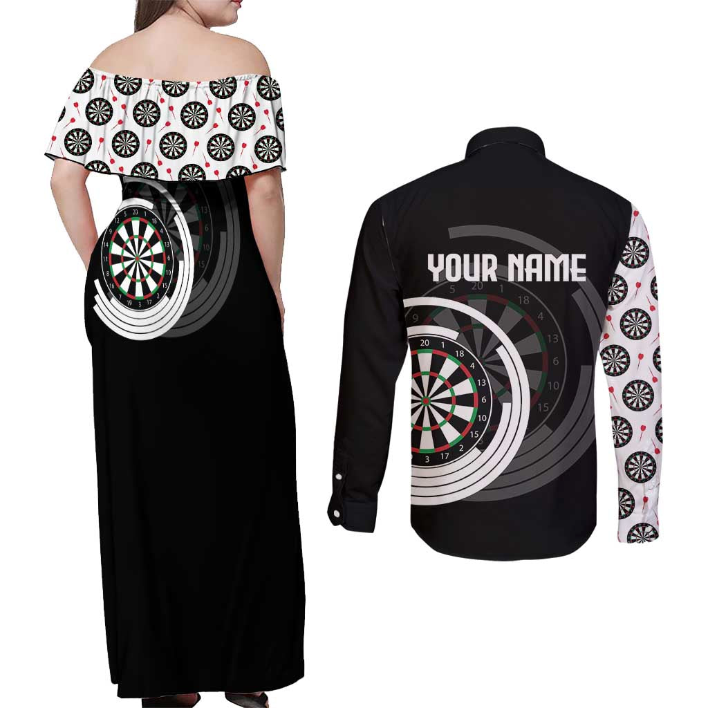Personalized Black and White Dartboard Couples Matching Off Shoulder Maxi Dress and Long Sleeve Button Shirt Bullseye Target Design for Dart Players - Wonder Print Shop