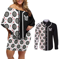 Personalized Black and White Dartboard Couples Matching Off Shoulder Short Dress and Long Sleeve Button Shirt Bullseye Target Design for Dart Players - Wonder Print Shop