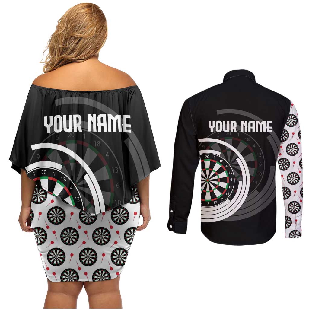 Personalized Black and White Dartboard Couples Matching Off Shoulder Short Dress and Long Sleeve Button Shirt Bullseye Target Design for Dart Players - Wonder Print Shop