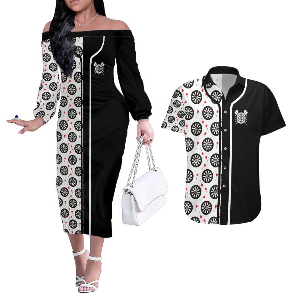 Personalized Black and White Dartboard Couples Matching Off The Shoulder Long Sleeve Dress and Hawaiian Shirt Bullseye Target Design for Dart Players - Wonder Print Shop