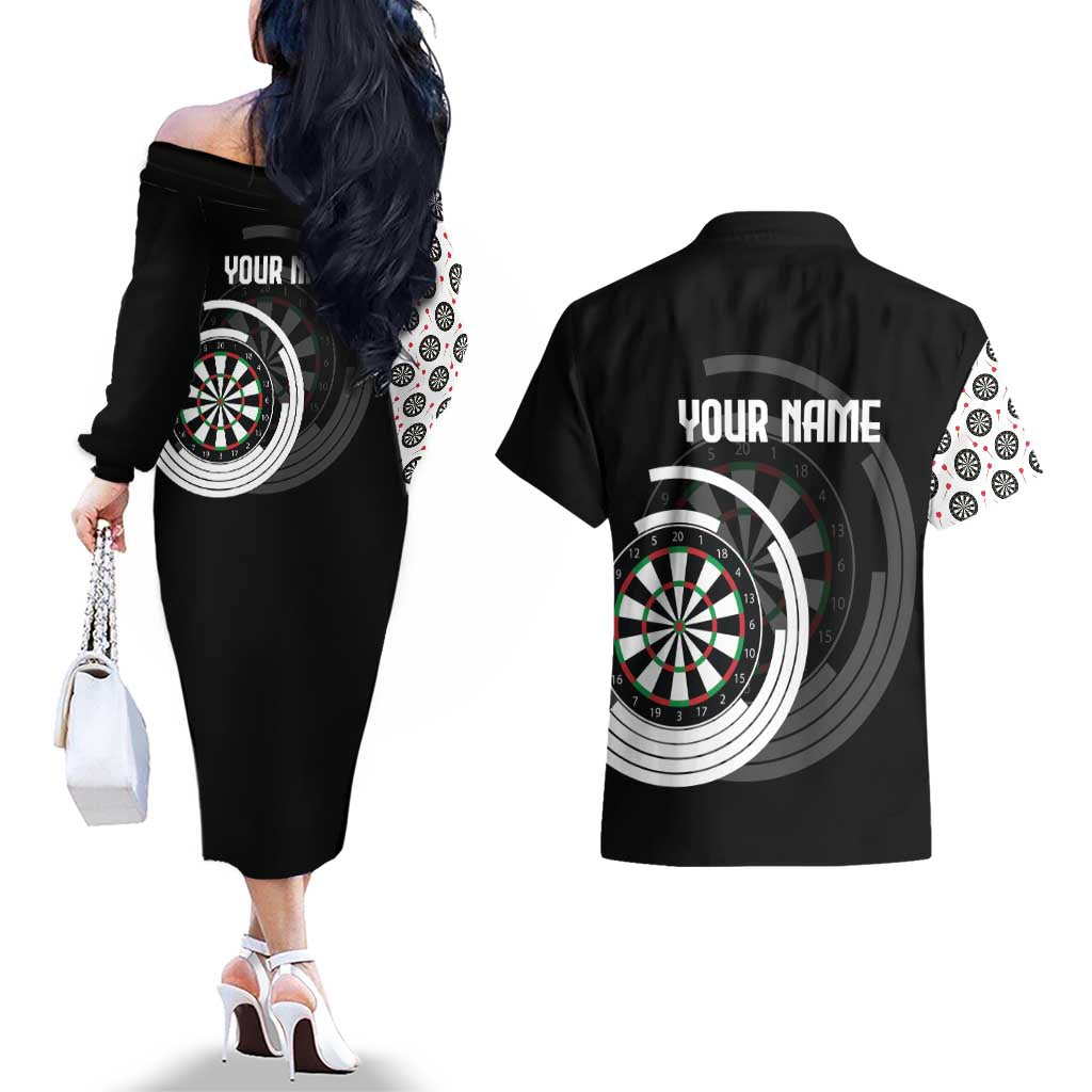Personalized Black and White Dartboard Couples Matching Off The Shoulder Long Sleeve Dress and Hawaiian Shirt Bullseye Target Design for Dart Players - Wonder Print Shop