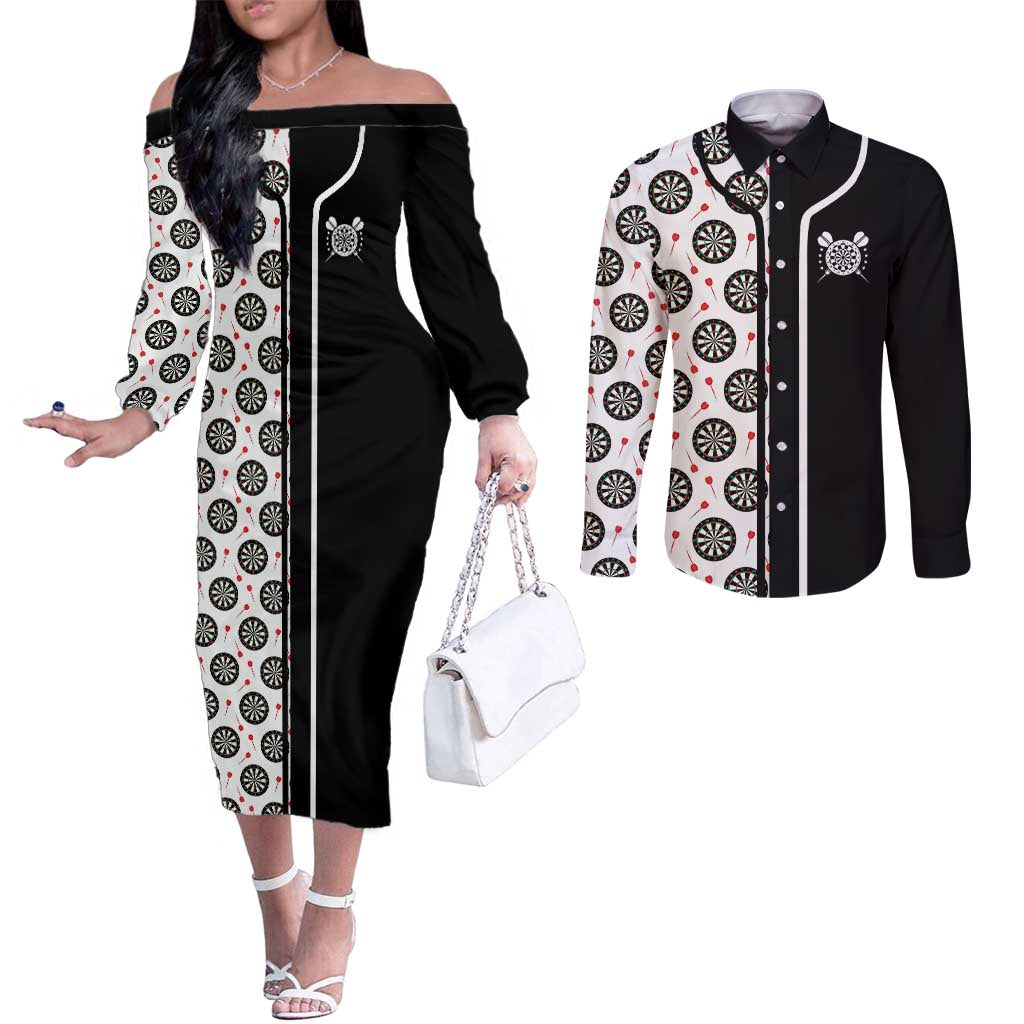 Personalized Black and White Dartboard Couples Matching Off The Shoulder Long Sleeve Dress and Long Sleeve Button Shirt Bullseye Target Design for Dart Players - Wonder Print Shop