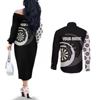 Personalized Black and White Dartboard Couples Matching Off The Shoulder Long Sleeve Dress and Long Sleeve Button Shirt Bullseye Target Design for Dart Players - Wonder Print Shop