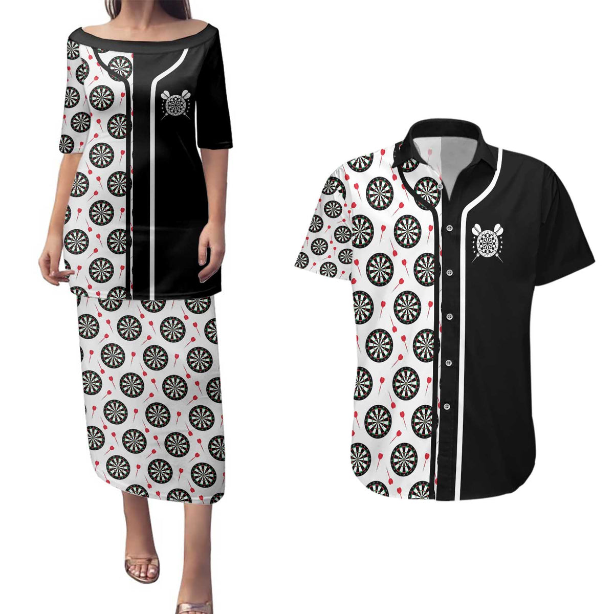 Personalized Black and White Dartboard Couples Matching Puletasi and Hawaiian Shirt Bullseye Target Design for Dart Players - Wonder Print Shop