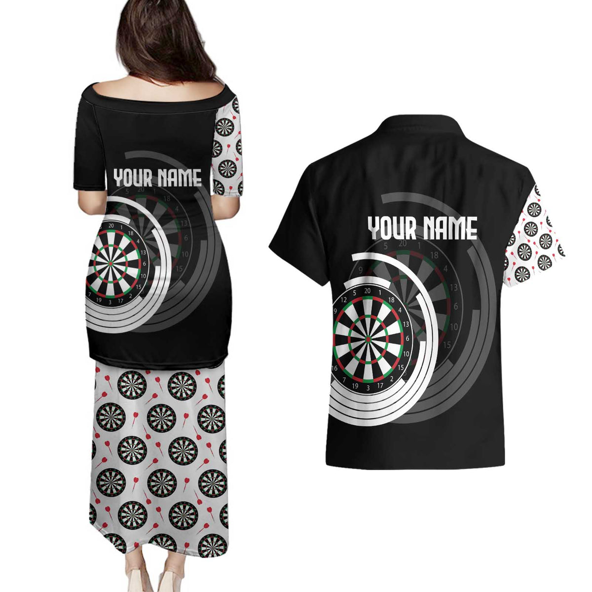 Personalized Black and White Dartboard Couples Matching Puletasi and Hawaiian Shirt Bullseye Target Design for Dart Players - Wonder Print Shop