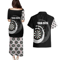 Personalized Black and White Dartboard Couples Matching Puletasi and Hawaiian Shirt Bullseye Target Design for Dart Players - Wonder Print Shop