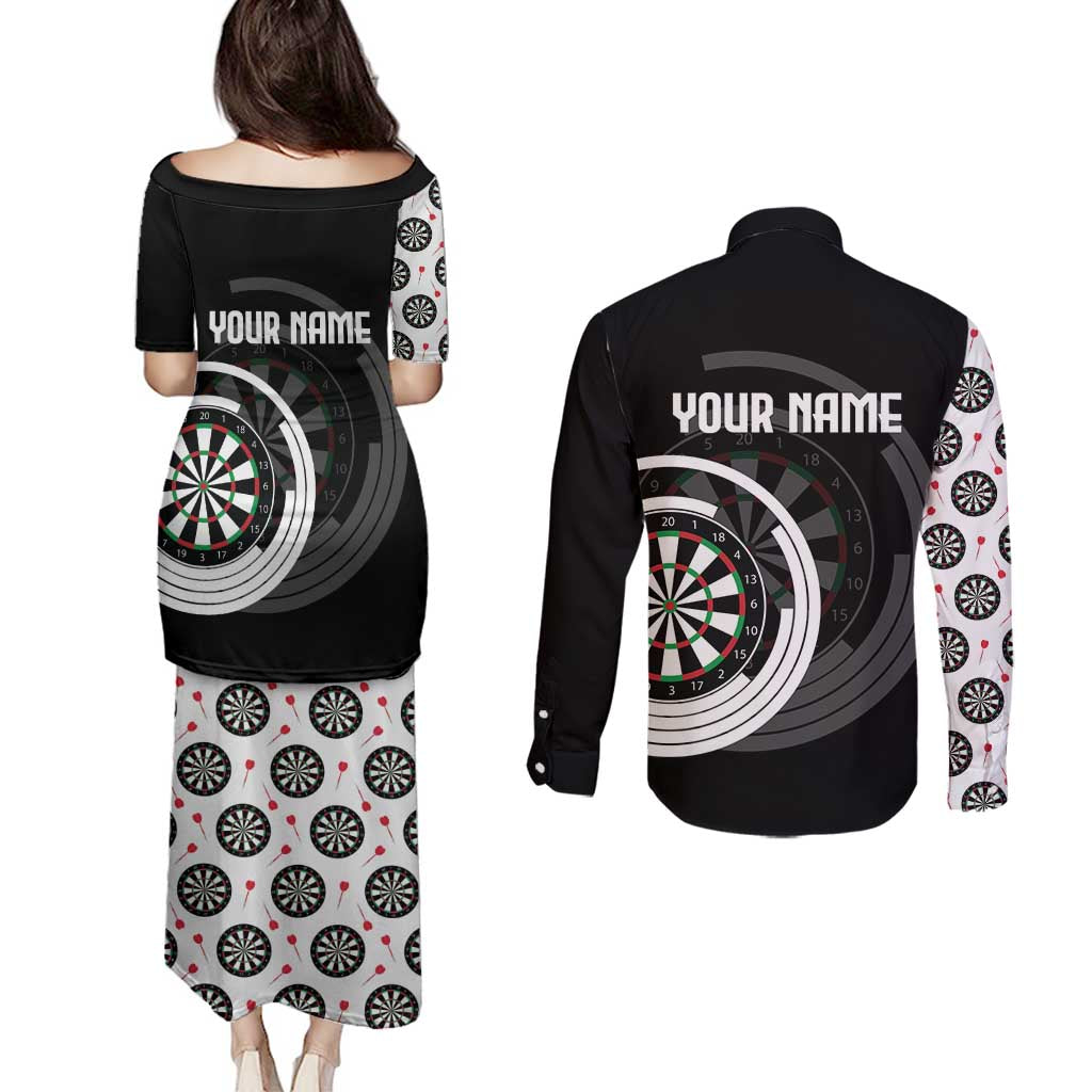 Personalized Black and White Dartboard Couples Matching Puletasi and Long Sleeve Button Shirt Bullseye Target Design for Dart Players - Wonder Print Shop