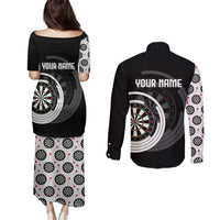 Personalized Black and White Dartboard Couples Matching Puletasi and Long Sleeve Button Shirt Bullseye Target Design for Dart Players - Wonder Print Shop