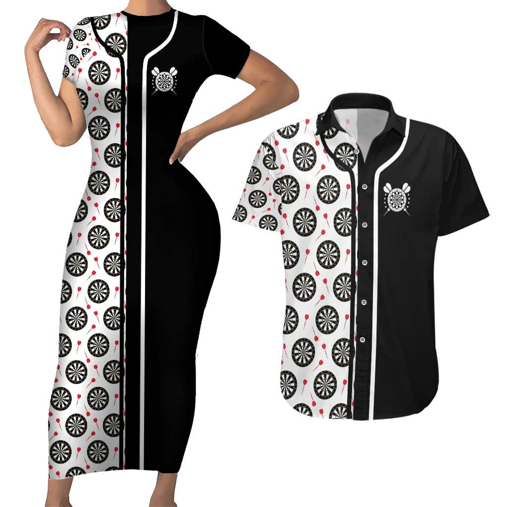 Personalized Black and White Dartboard Couples Matching Short Sleeve Bodycon Dress and Hawaiian Shirt Bullseye Target Design for Dart Players - Wonder Print Shop