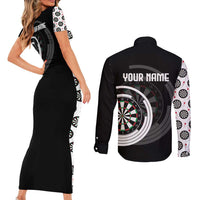 Personalized Black and White Dartboard Couples Matching Short Sleeve Bodycon Dress and Long Sleeve Button Shirt Bullseye Target Design for Dart Players - Wonder Print Shop