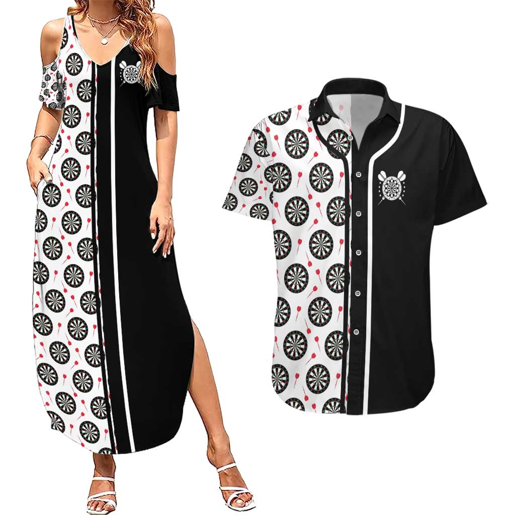 Personalized Black and White Dartboard Couples Matching Summer Maxi Dress and Hawaiian Shirt Bullseye Target Design for Dart Players - Wonder Print Shop