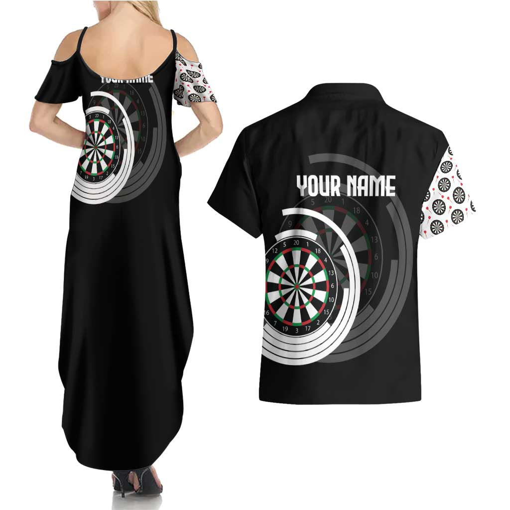 Personalized Black and White Dartboard Couples Matching Summer Maxi Dress and Hawaiian Shirt Bullseye Target Design for Dart Players - Wonder Print Shop