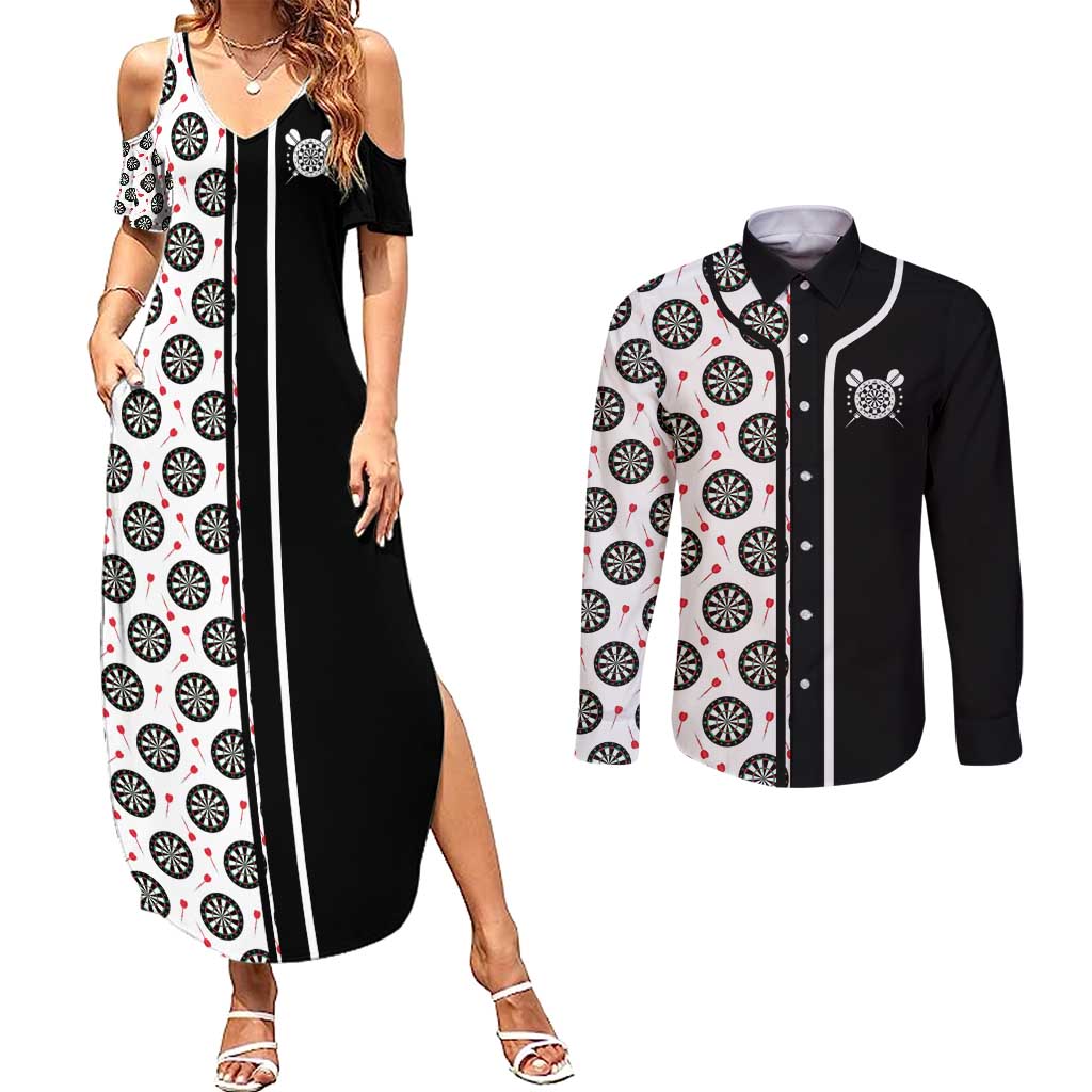 Personalized Black and White Dartboard Couples Matching Summer Maxi Dress and Long Sleeve Button Shirt Bullseye Target Design for Dart Players - Wonder Print Shop