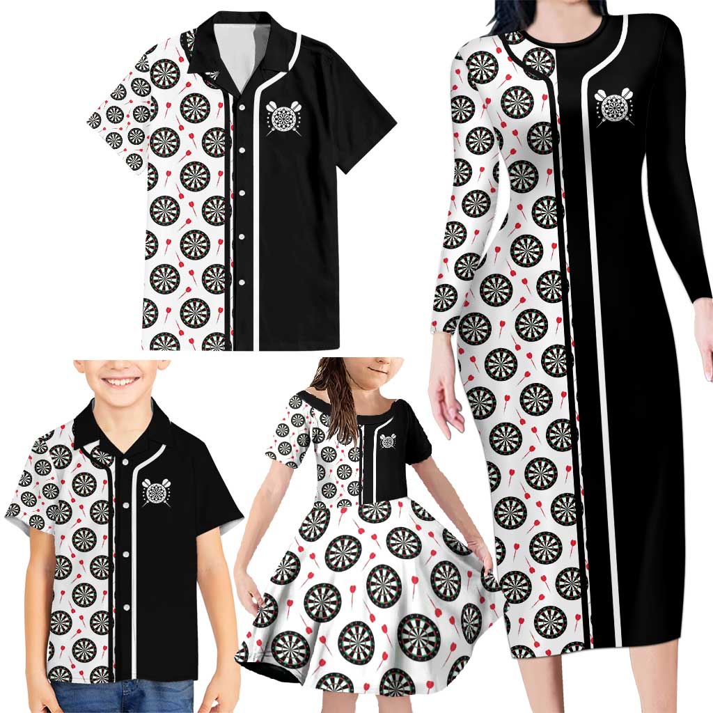 Personalized Black and White Dartboard Family Matching Long Sleeve Bodycon Dress and Hawaiian Shirt Bullseye Target Design for Dart Players - Wonder Print Shop