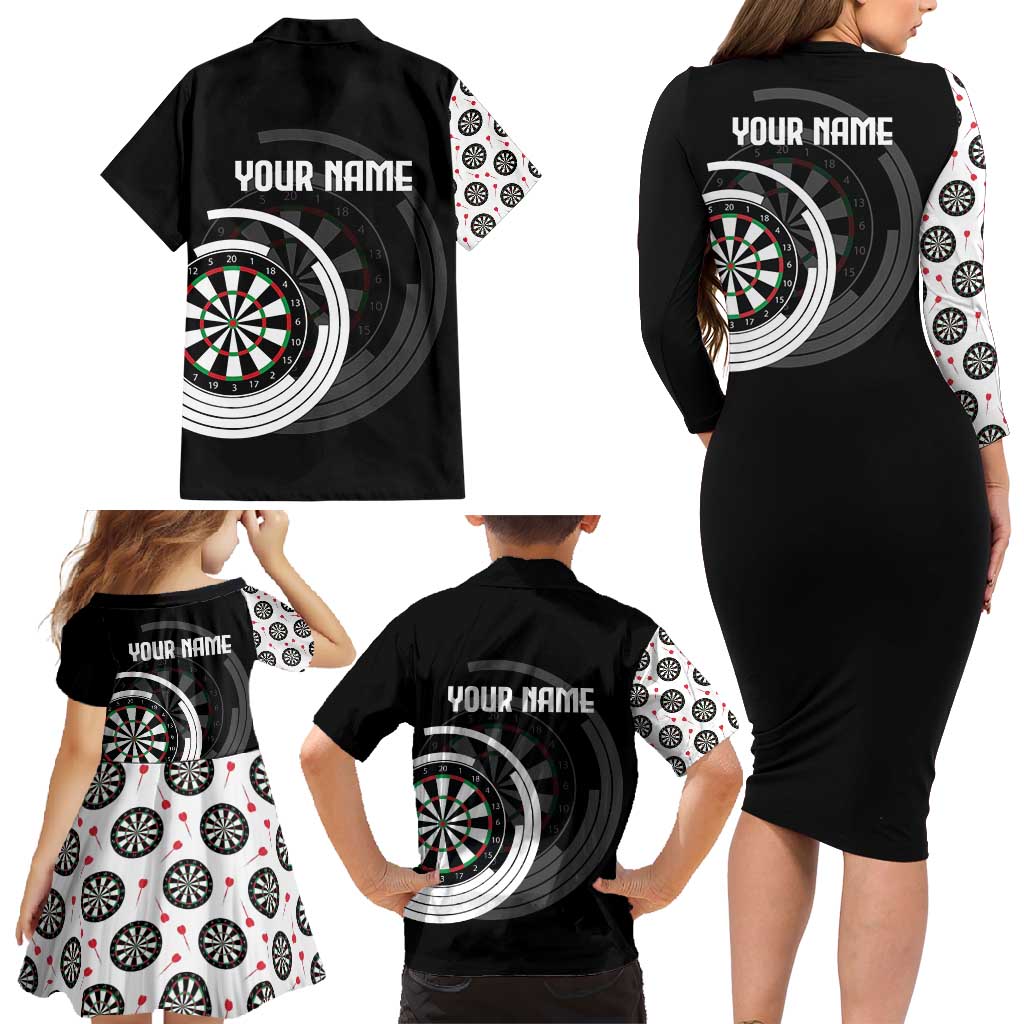 Personalized Black and White Dartboard Family Matching Long Sleeve Bodycon Dress and Hawaiian Shirt Bullseye Target Design for Dart Players - Wonder Print Shop