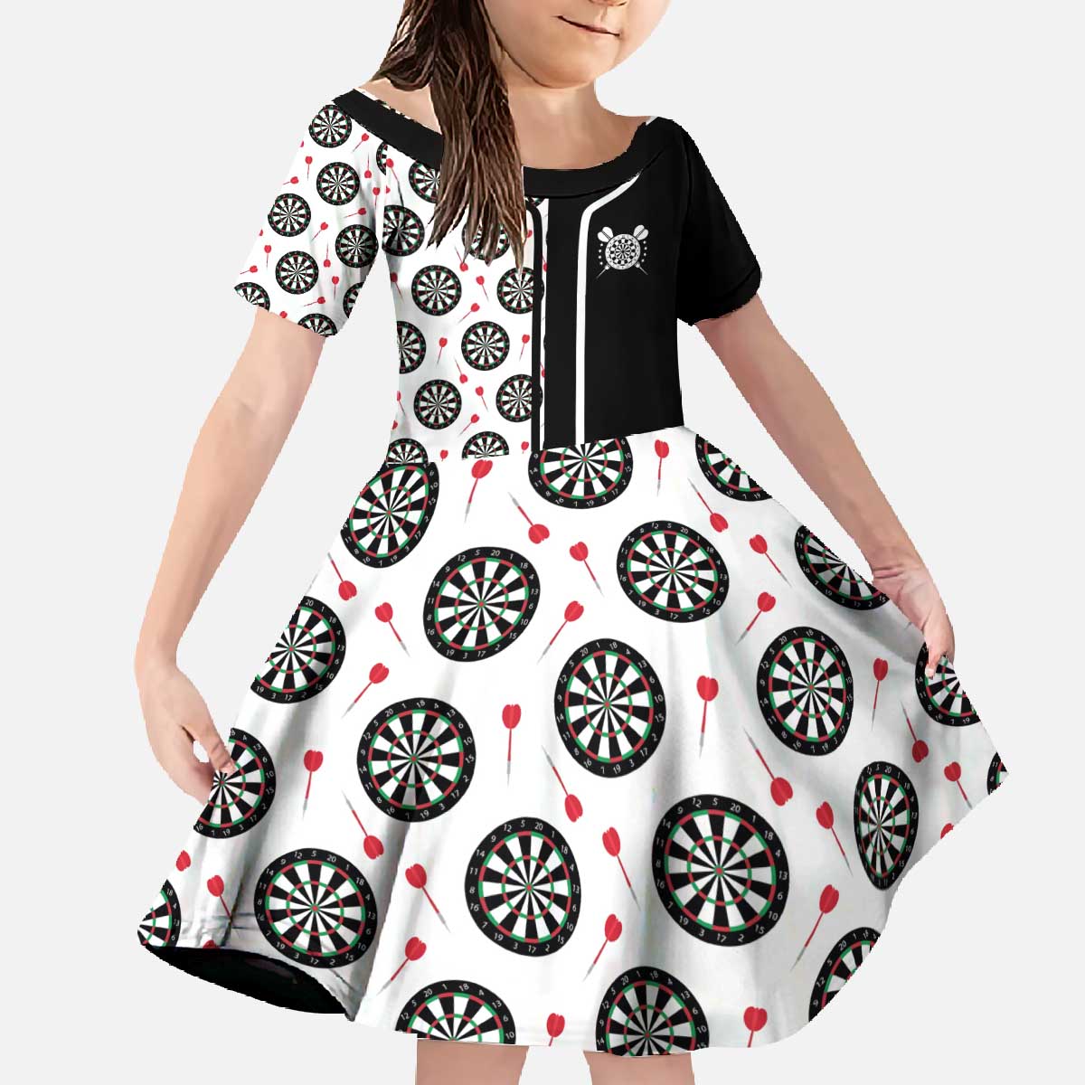Personalized Black and White Dartboard Family Matching Off The Shoulder Long Sleeve Dress and Hawaiian Shirt Bullseye Target Design for Dart Players - Wonder Print Shop