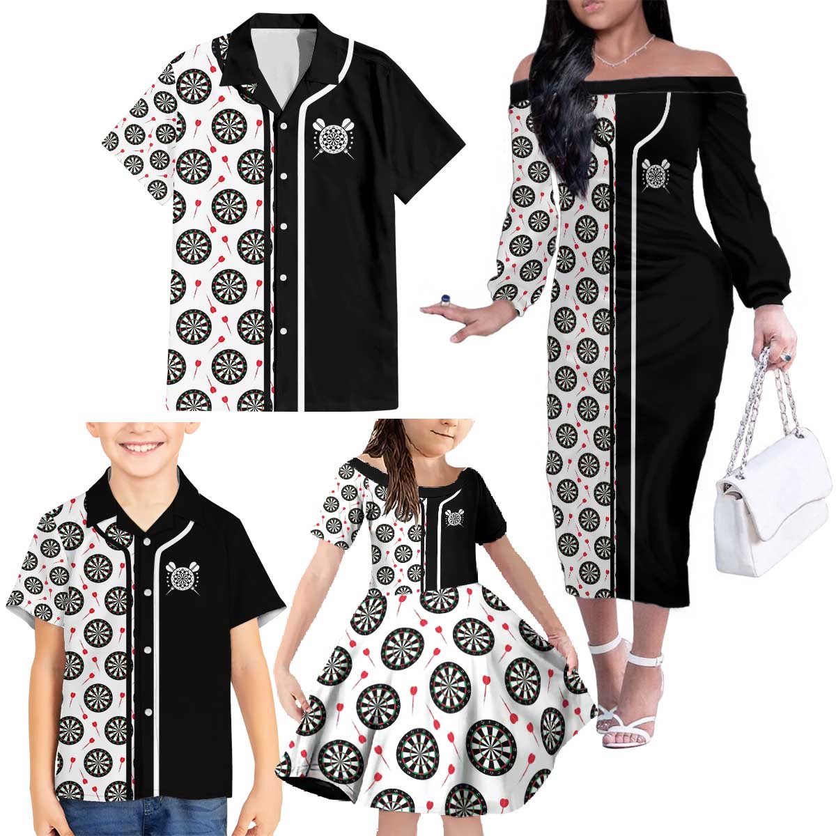 Personalized Black and White Dartboard Family Matching Off The Shoulder Long Sleeve Dress and Hawaiian Shirt Bullseye Target Design for Dart Players - Wonder Print Shop