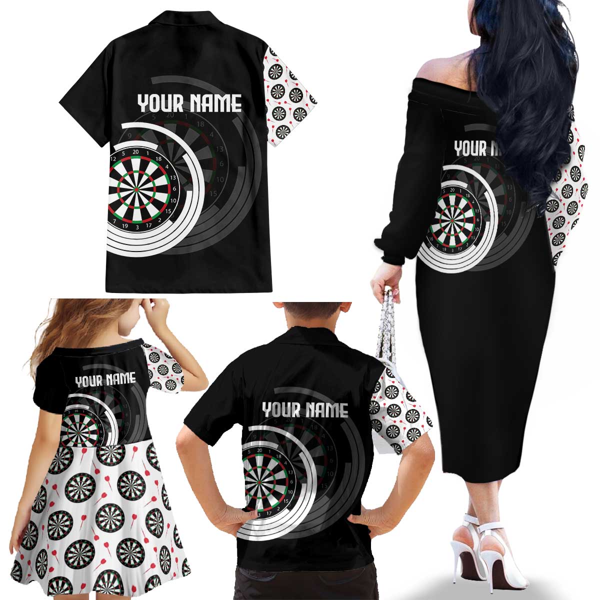 Personalized Black and White Dartboard Family Matching Off The Shoulder Long Sleeve Dress and Hawaiian Shirt Bullseye Target Design for Dart Players - Wonder Print Shop