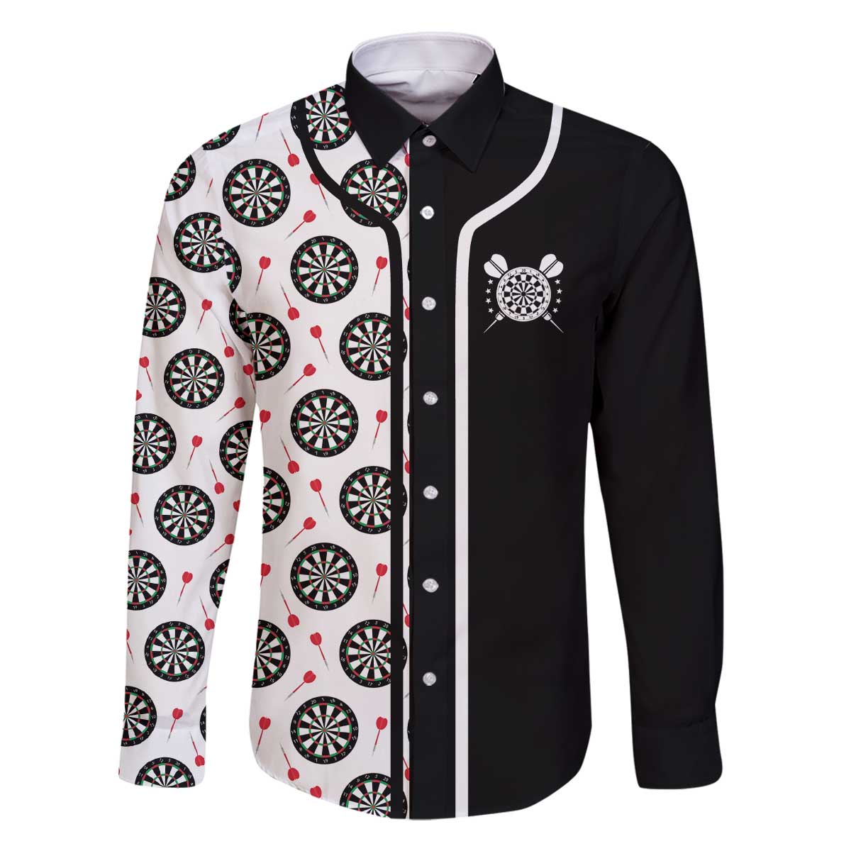 Personalized Black and White Dartboard Family Matching Off The Shoulder Long Sleeve Dress and Hawaiian Shirt Bullseye Target Design for Dart Players - Wonder Print Shop