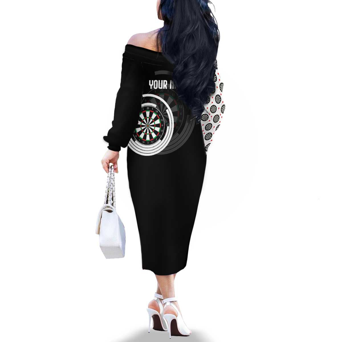 Personalized Black and White Dartboard Family Matching Off The Shoulder Long Sleeve Dress and Hawaiian Shirt Bullseye Target Design for Dart Players - Wonder Print Shop