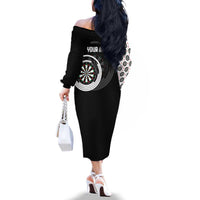 Personalized Black and White Dartboard Family Matching Off The Shoulder Long Sleeve Dress and Hawaiian Shirt Bullseye Target Design for Dart Players - Wonder Print Shop